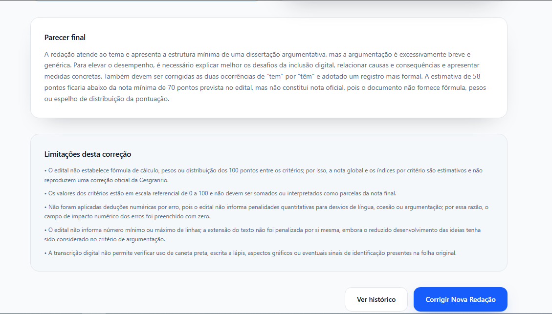 Parecer final real com limitações transparentes da avaliação